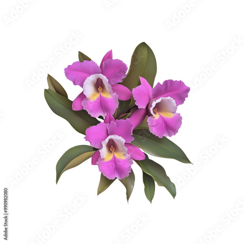 Three Pink Orchids with Green Leaves