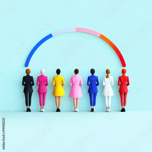 Achieving gender parity in corporate policies, with balanced light circles representing equal input in policy-making.