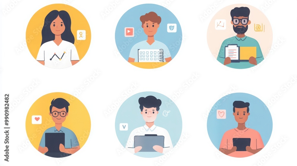 a set of illustrated avatars in circular frames showcasing diverse social media marketers. One marketer wears business casual holding a graph, another has short wavy hair a set of illustrated avatars in circular frames showcasing diverse social media marketers. One marketer wears business casual holding a graph, another has short wavy hair