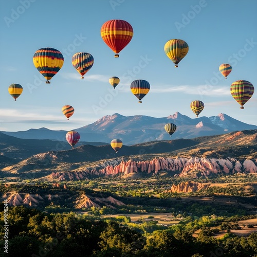 Brightly colored hot air balloons rising in morning sky picture