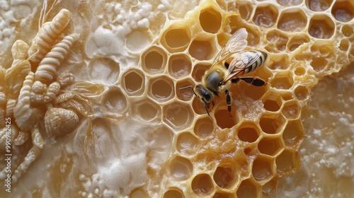 Honey bee collecting nectar from honeycomb cells in a beehive during sunny afternoon