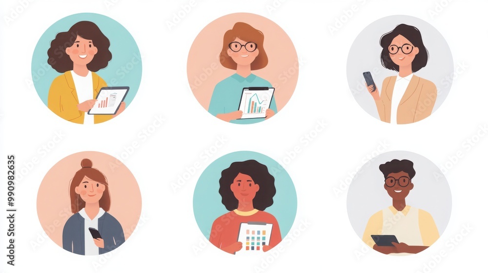 a set of illustrated avatars in circular frames showcasing diverse social media marketers. One marketer wears business casual holding a graph, another has short wavy hair a set of illustrated avatars in circular frames showcasing diverse social media marketers. One marketer wears business casual holding a graph, another has short wavy hair