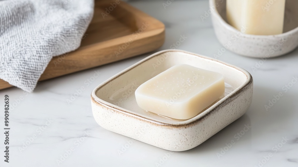 Minimalistic soap on a ceramic dish with a soft towel, perfect for a clean and serene bathroom aesthetic.