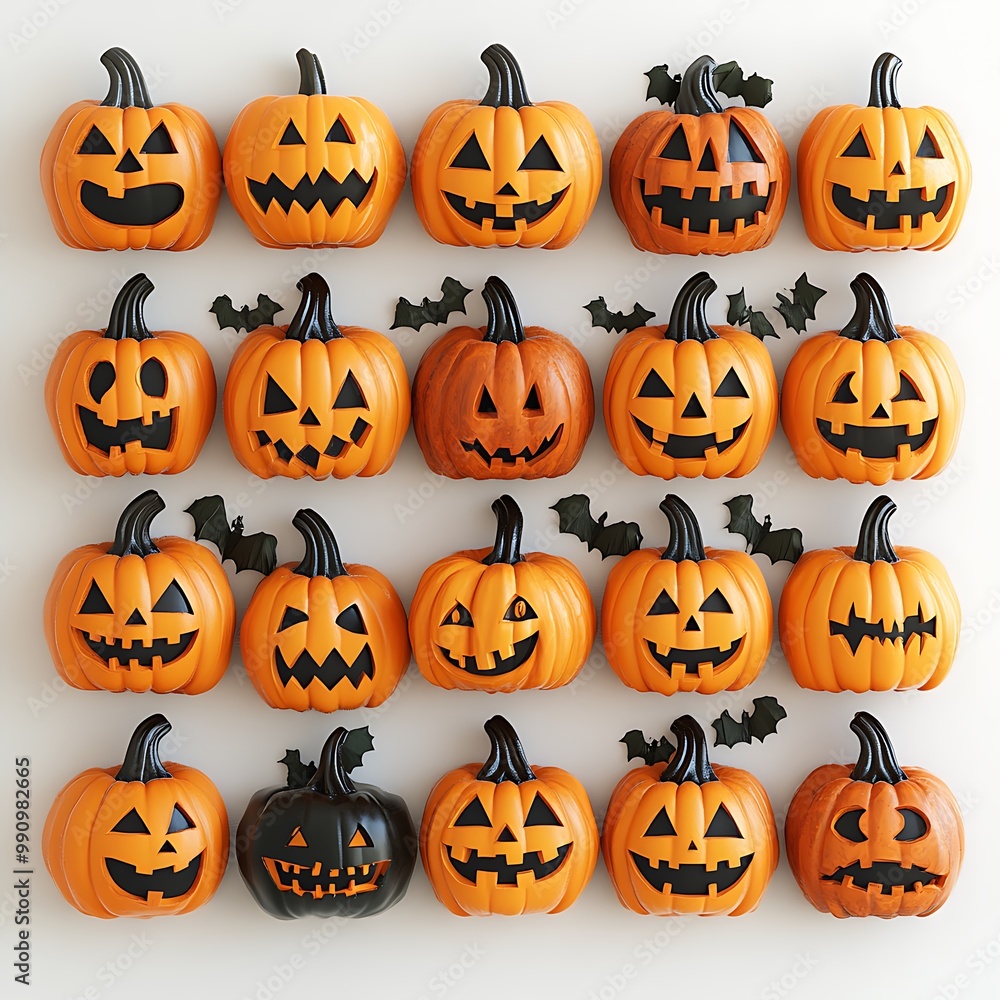 Halloween jack-o'-lanterns with bats spread across a white background, ready for spooky fun. Halloween jack-o'-lanterns with bats spread across a white background, ready for spooky fun.
