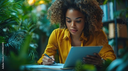 A businesswoman signs a document on a digital tablet, using a stylus pen and mobile app to proof e-documents in a modern office environment. photo