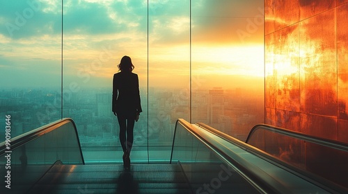 A businesswoman stands on an escalator against a city wall, representing the integration of technology in urban professional life.