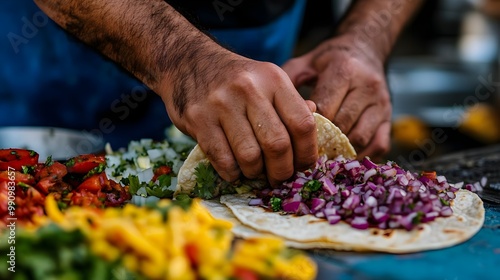 Hands preparing a taco with fresh vegetables and toppings on a vibrant surface.