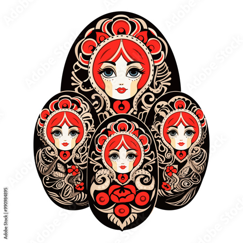 Detailed Russian nesting dolls with intricate floral designs, capturing traditional cultural art. Vector illustration.