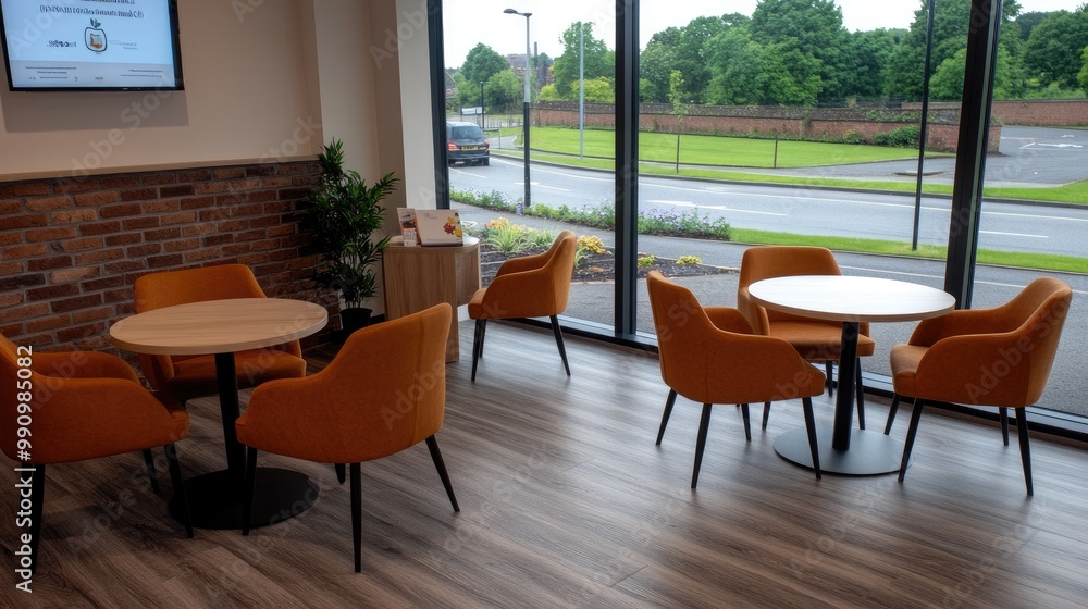 This inviting dining room in London showcases a round table surrounded by orange chairs. Large windows provide natural light and a view of the street, complemented by greenery This inviting dining room in London showcases a round table surrounded by orange chairs. Large windows provide natural light and a view of the street, complemented by greenery