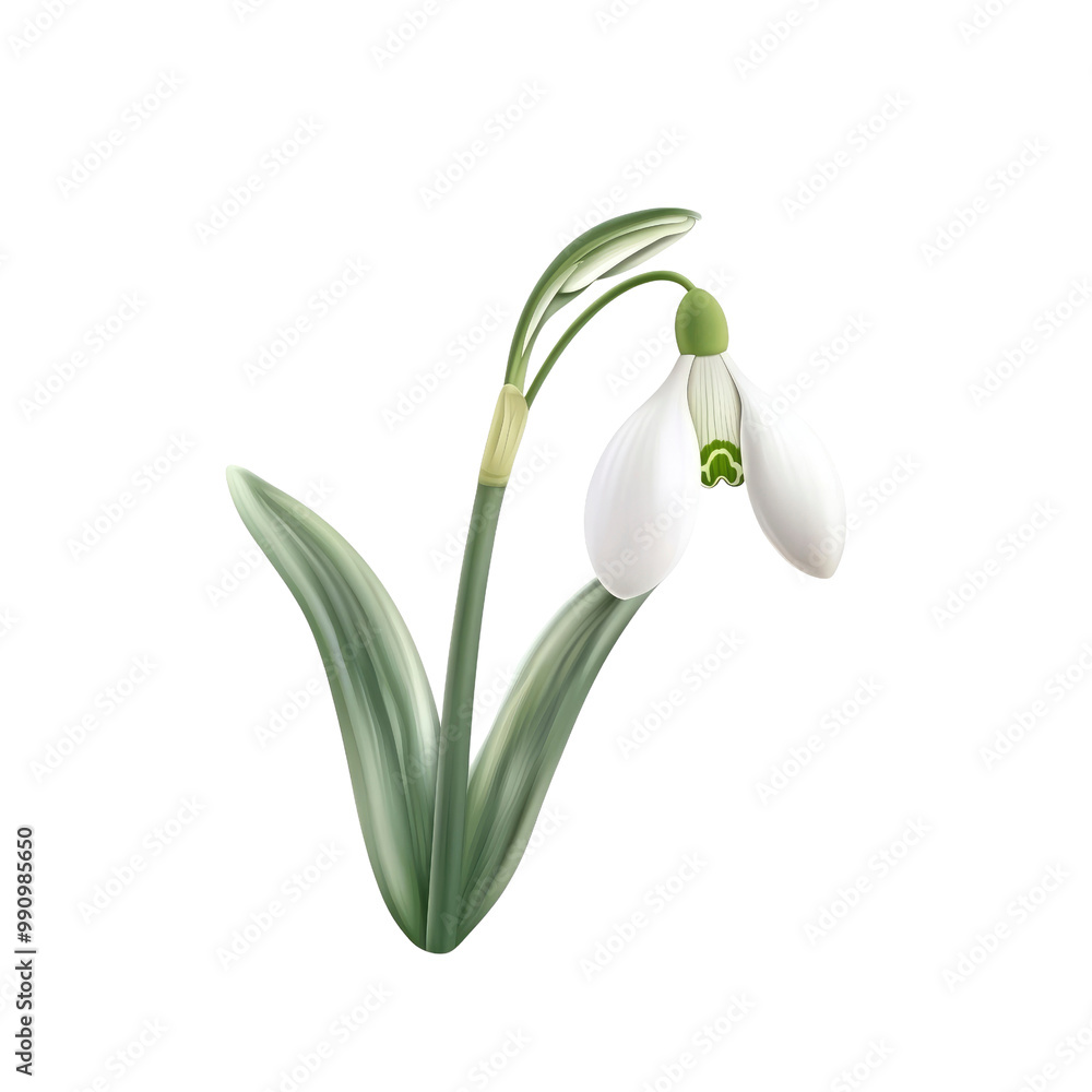 Delicate White Snowdrop Flower with Green Leaves Delicate White Snowdrop Flower with Green Leaves