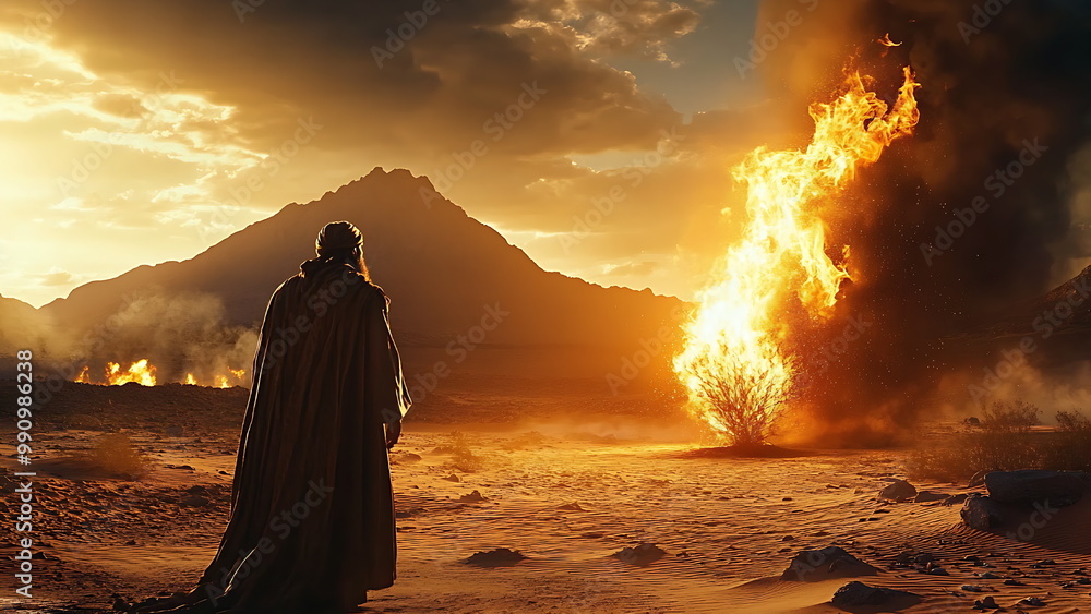 the scene when Moses encounters the miracle of the small tree burning in the desert the scene when Moses encounters the miracle of the small tree burning in the desert