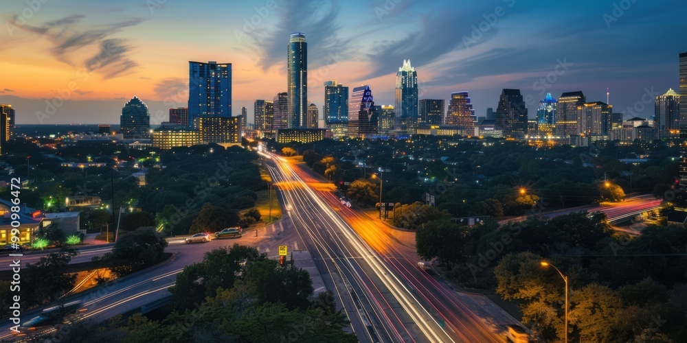 A time-lapse shot of a cityscape at dusk, transitioning from day to night A time-lapse shot of a cityscape at dusk, transitioning from day to night