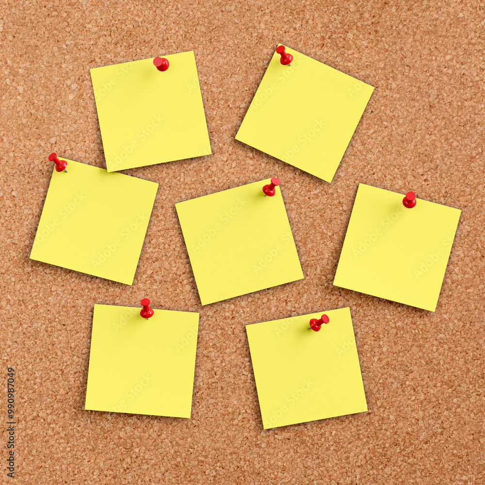 Yellow Sticky Notes on Corkboard with Red Push Pins Yellow Sticky Notes on Corkboard with Red Push Pins