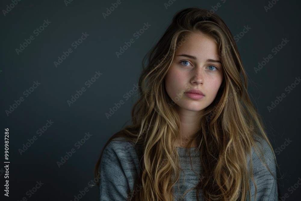 Grey Background Studio. Portrait of Thoughtful Beautiful Caucasian Woman with Long Blond Hair Grey Background Studio. Portrait of Thoughtful Beautiful Caucasian Woman with Long Blond Hair