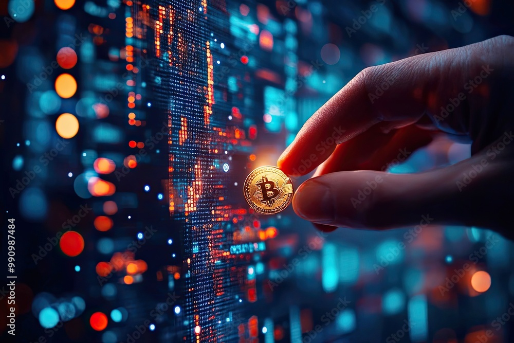 Hand holding Bitcoin against digital data background Hand holding Bitcoin against digital data background