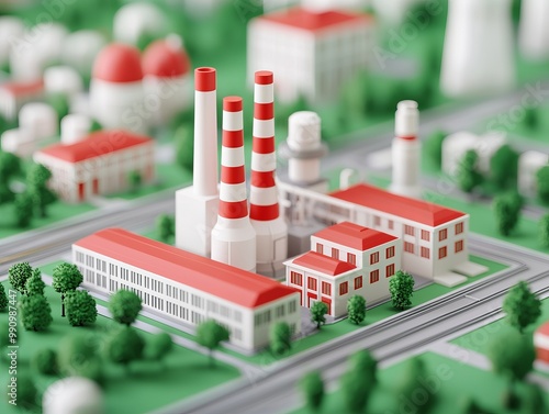 Model industrial factory with smokestacks, green layout.