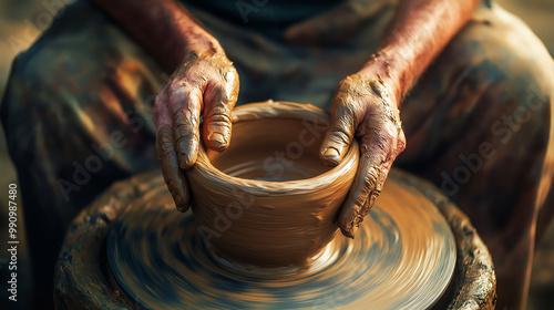 Close up hands of potter making ceramic pot on the pottery wheel