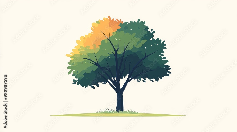 Obraz premium Minimalistic Flat Vector Illustration of a Tree on a Plain White Background, Showcasing Simple Design Elements and Natural Beauty, Perfect for Eco-Friendly Themes and Modern Decor.