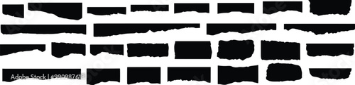 Black torn paper rip pieces of sheet edge, note scrap or notebook pages, vector backgrounds. Notepad torn paper for message note, page or banner and cardboard blank ripped piece strips.
