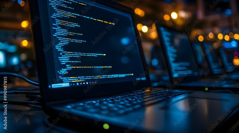 Laptop displaying vibrant code in a dimly lit tech environment. Laptop displaying vibrant code in a dimly lit tech environment.