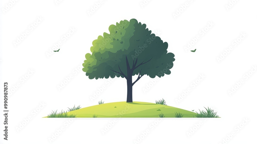 Obraz premium Minimalistic Flat Vector Illustration of a Tree on a Plain White Background, Showcasing Simple Design Elements and Natural Beauty, Perfect for Eco-Friendly Themes and Modern Decor.
