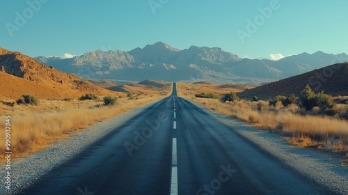 photo of an empty desert road, mountains in the background