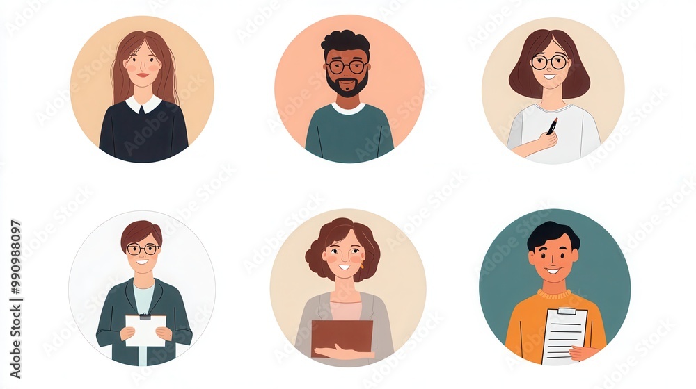a set of illustrated avatars in circular frames showcasing diverse middle-aged professionals. One person wears business casual attire holding a clipboard, another has short straight hair a set of illustrated avatars in circular frames showcasing diverse middle-aged professionals. One person wears business casual attire holding a clipboard, another has short straight hair