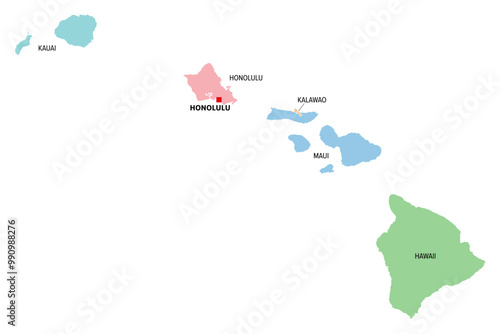 Hawaii, U.S. state, multi colored political map with capital Honolulu. Island state of the USA in the Pacific, subdivided into the 5 counties Hawaii, Honolulu, Kalawao, Kauai and Maui. Aloha State. photo