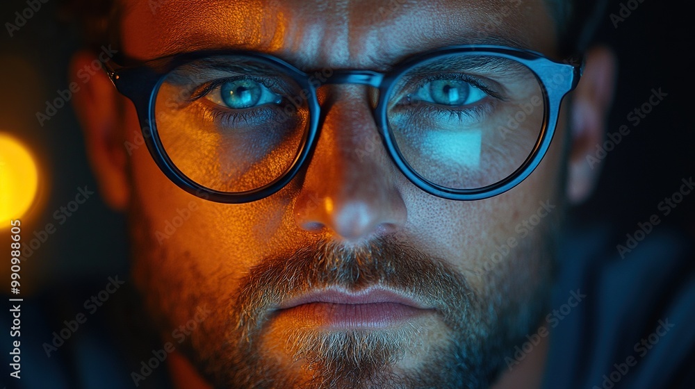 A close-up of a creative man in glasses working late at night in the office, contemplating technology and deadlines. A close-up of a creative man in glasses working late at night in the office, contemplating technology and deadlines.