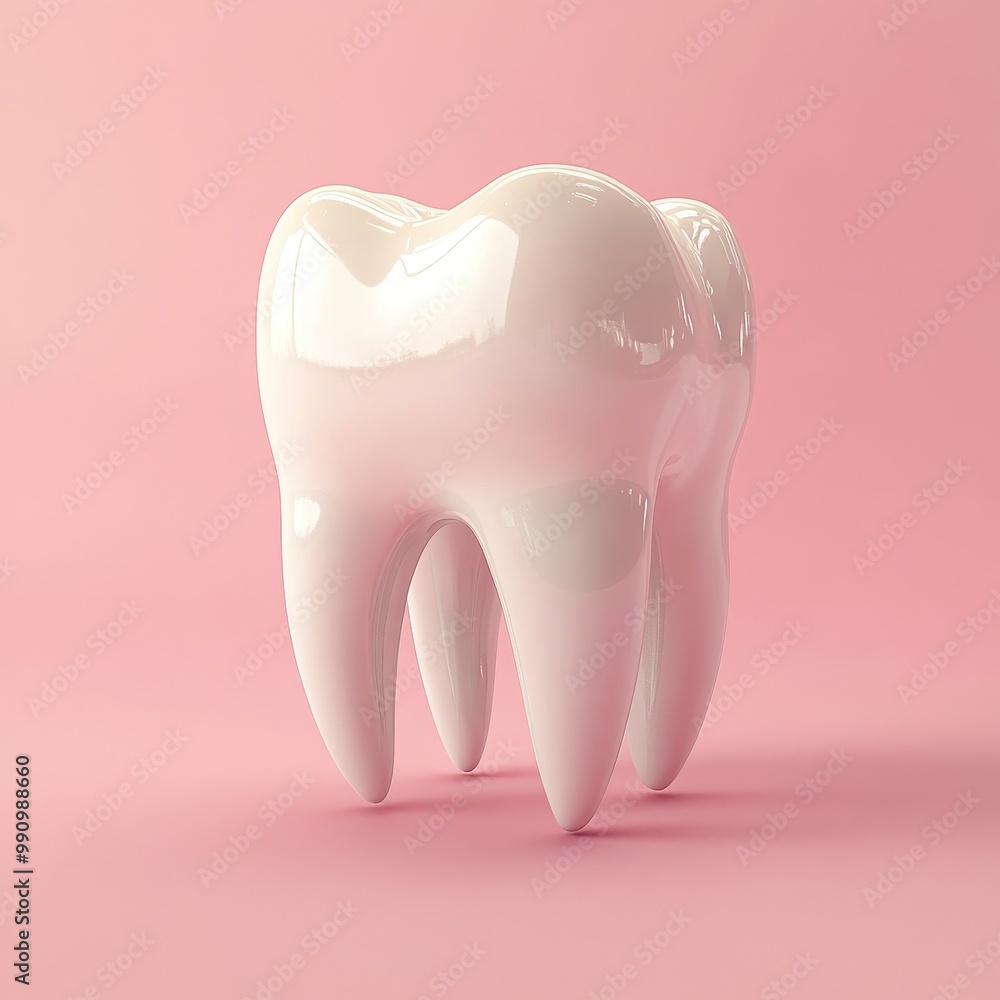 Simple 3D model of shiny white healthy molar tooth on pastel pink background. Studio shot, Simple 3D model of shiny white healthy molar tooth on pastel pink background. Studio shot,