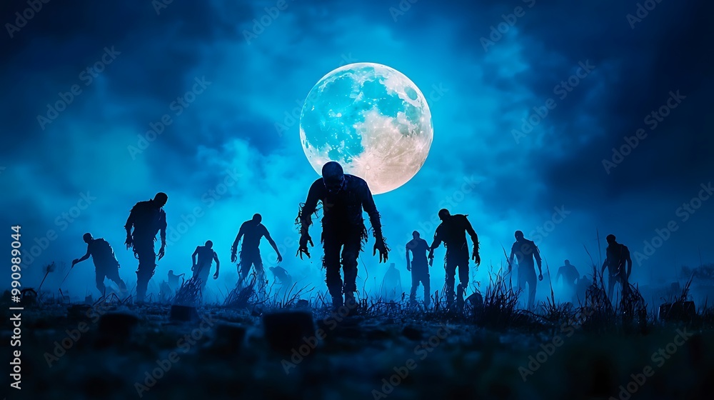 Silhouettes of zombies walk under a full moon, the night alive with apocalyptic fear. Silhouettes of zombies walk under a full moon, the night alive with apocalyptic fear.