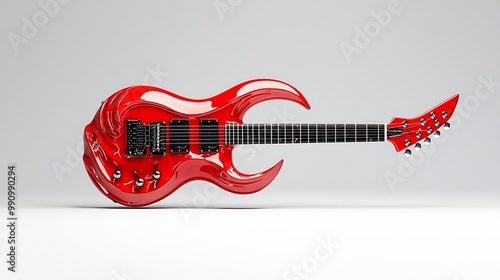 A red electric guitar with a unique body shape stands out against the white background. photo