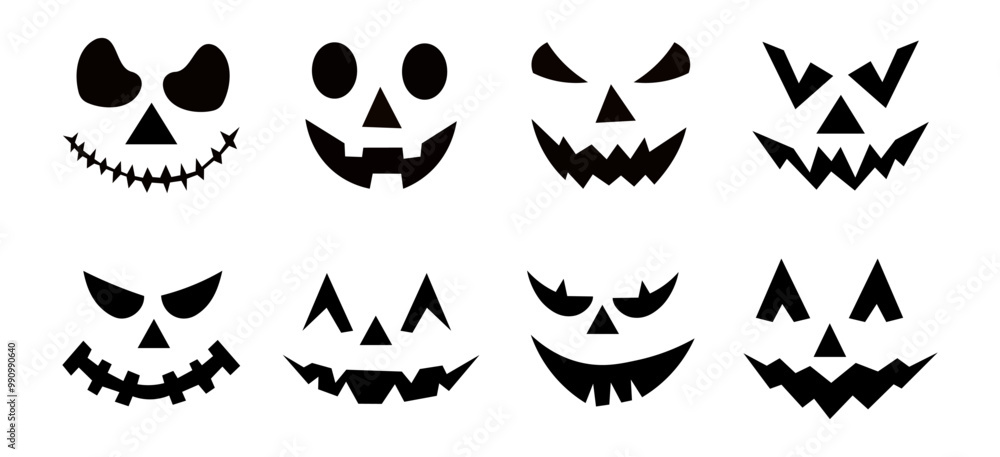Set of spooky pumpkin smiles. Horror and scary faces. Design for holiday Halloween Set of spooky pumpkin smiles. Horror and scary faces. Design for holiday Halloween