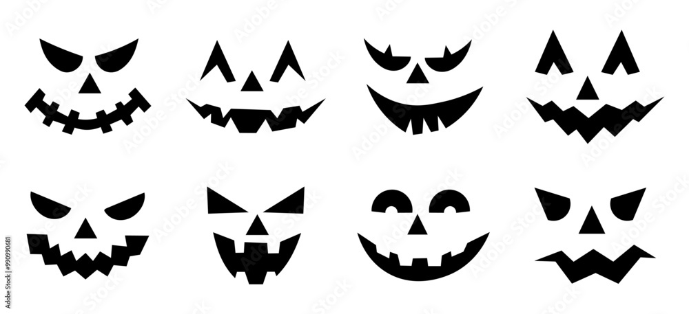 Fototapeta premium Set of spooky pumpkin smiles. Horror and scary faces. Design for holiday Halloween