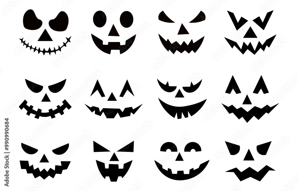 Set of spooky pumpkin smiles. Horror and scary faces. Design for holiday Halloween Set of spooky pumpkin smiles. Horror and scary faces. Design for holiday Halloween