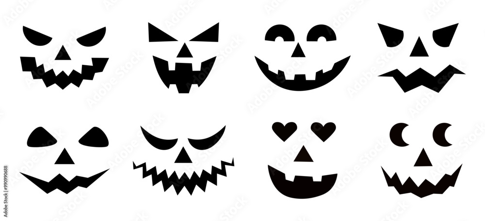 Set of spooky pumpkin smiles. Horror and scary faces. Design for holiday Halloween Set of spooky pumpkin smiles. Horror and scary faces. Design for holiday Halloween