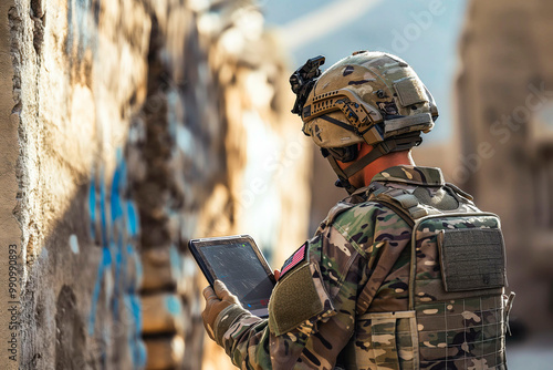 Tablet in Deployment: US Soldier Engaging in Modern Warfare photo