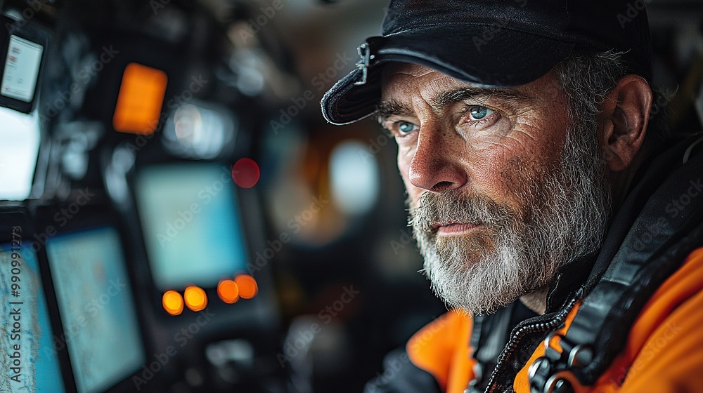 A commercial fishing ship captain, surrounded by screens, uses sea maps, illustrating the reliance on technology in navigation and maritime operations. A commercial fishing ship captain, surrounded by screens, uses sea maps, illustrating the reliance on technology in navigation and maritime operations.