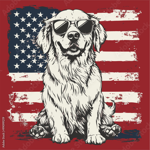 American Bulldog wearing american flag & sunglasses background in american flag a simple vector illustration
