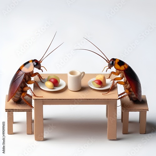 two cockroach eats his dinner at a miniature table made of cardboard. There is a small plate with several pieces of food on the table, simple background
