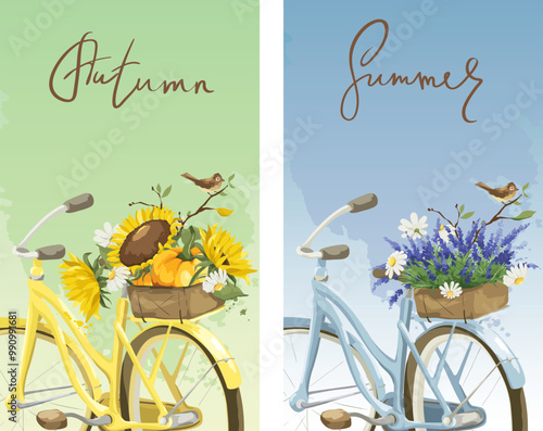 Retro bike with baskets of flowers. Set narrow vertical vector banners with sunflowers, pumpkins, lavender, chamomile and little bird, autumn and summer time.	