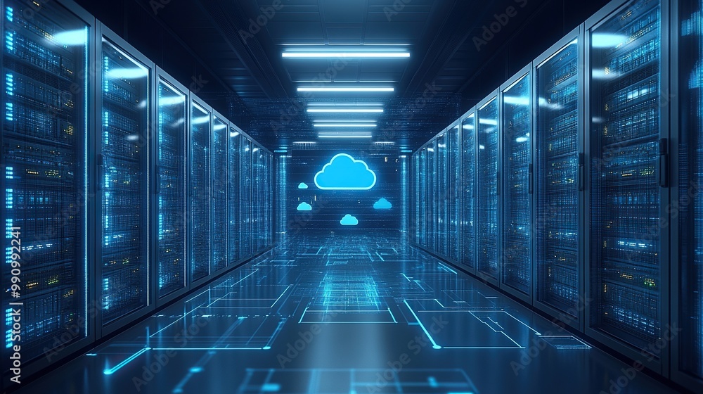 A computing concept highlighting technology infrastructure, including cloud computing and communication systems within a data center setting. A computing concept highlighting technology infrastructure, including cloud computing and communication systems within a data center setting.