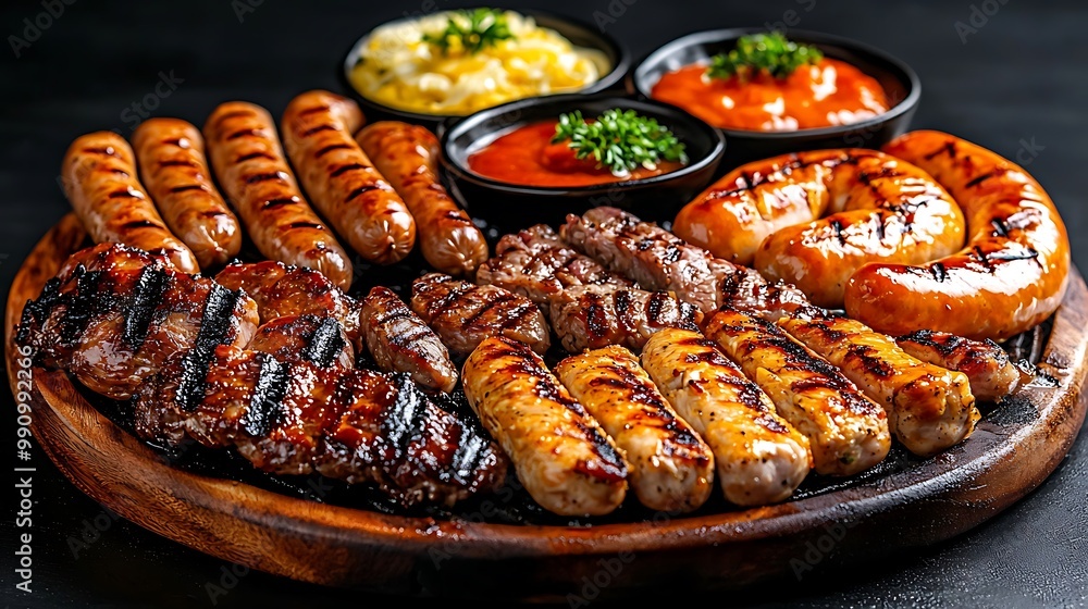 Grilled sausages, steak, and chicken rest on a wooden board, surrounded by savory dips. Grilled sausages, steak, and chicken rest on a wooden board, surrounded by savory dips.