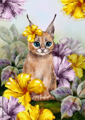 Canvas Print digital watercolor illustration, cute wild cat, caracal walking in the wild natu