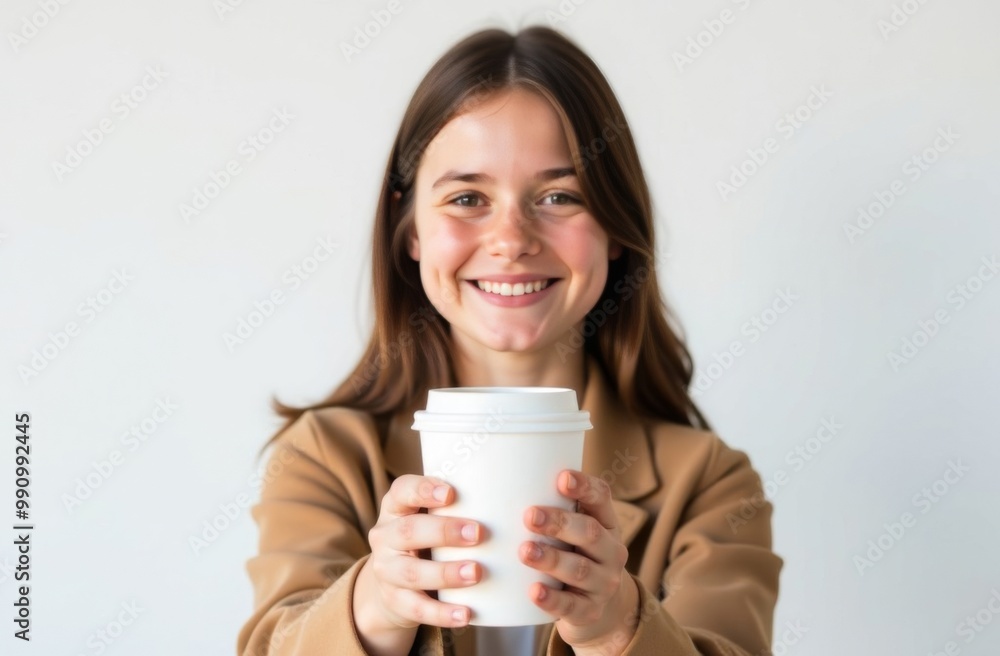 A young girl stands with a paper cup for takeaway coffee drinks or tea on a white background. Place for text A young girl stands with a paper cup for takeaway coffee drinks or tea on a white background. Place for text