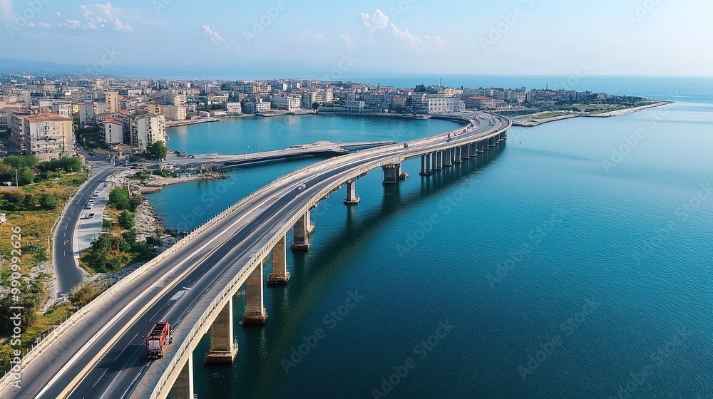 Highway bridge connecting city to island with turquoise water on sunny day Highway bridge connecting city to island with turquoise water on sunny day