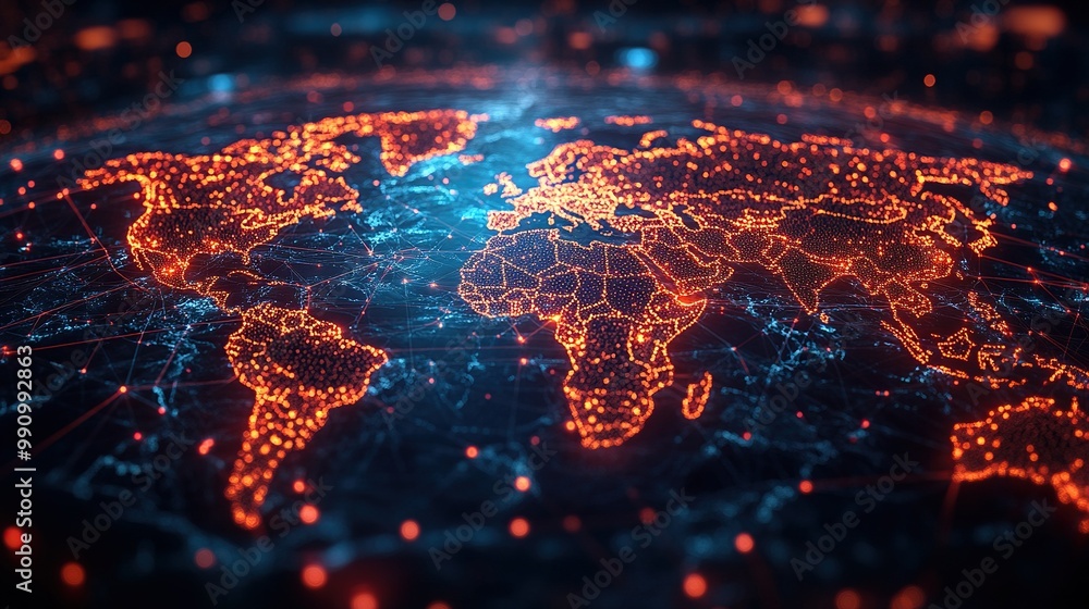 A concept illustrating a global communication network and the Internet of Things (IoT), highlighting worldwide commerce connectivity. A concept illustrating a global communication network and the Internet of Things (IoT), highlighting worldwide commerce connectivity.