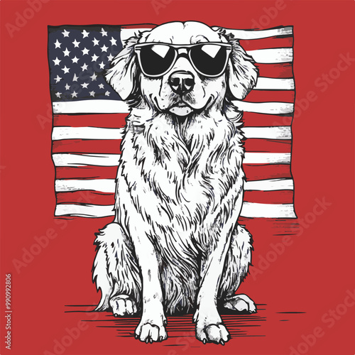 American Bulldog wearing american flag & sunglasses background in american flag a simple vector illustration
