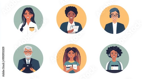 a set of illustrated avatars in circular frames showcasing diverse bankers and customers. One banker wears a formal suit holding a document, a customer has long braided hair 