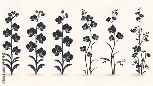 Design black silhouette illustrations of spooky Halloween Orchid in set of collection ,with bold lines and simple design, placed on a white background 